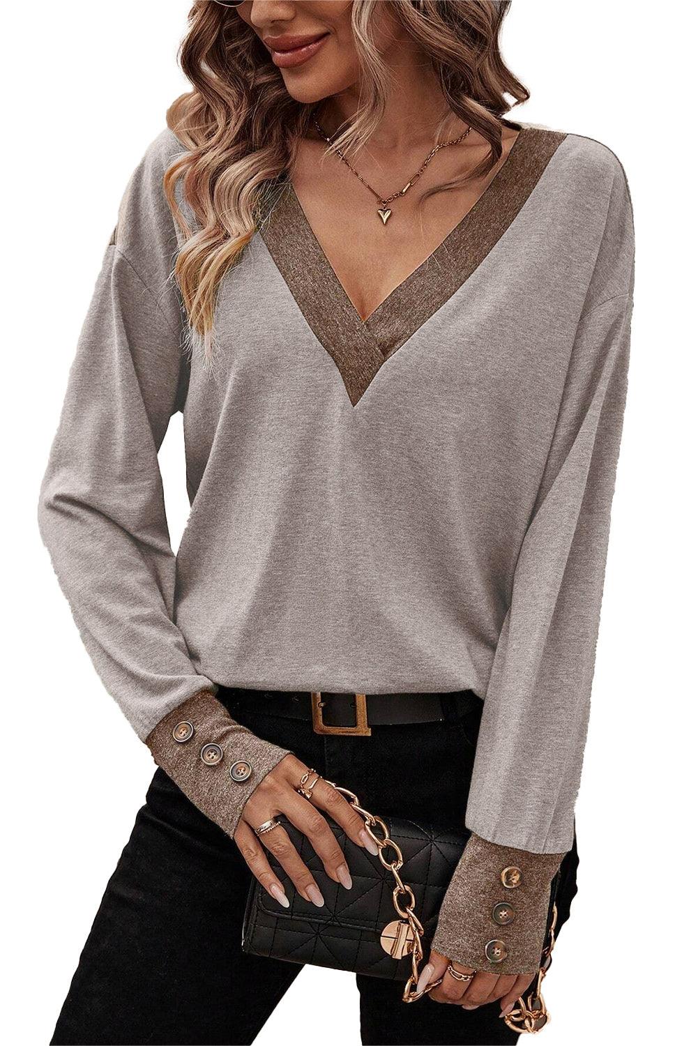 Khaki Contrast V Neck Button Cuffed Long Sleeve Top - L & M Kee, LLC