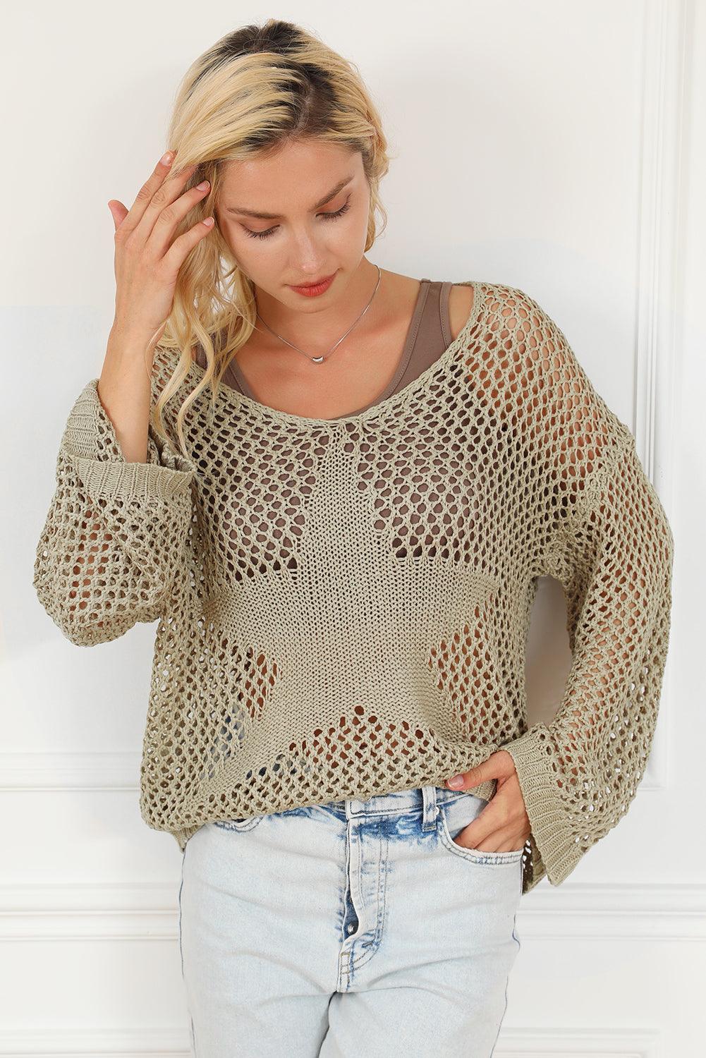 Light French Beige Star Pointelle Knit Baggy Sweater - L & M Kee, LLC