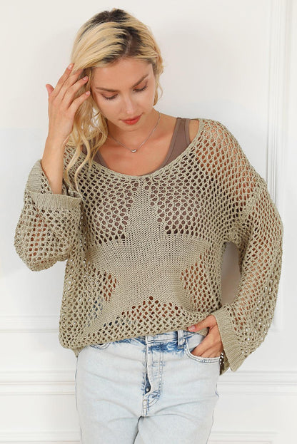 Light French Beige Star Pointelle Knit Baggy Sweater - L & M Kee, LLC