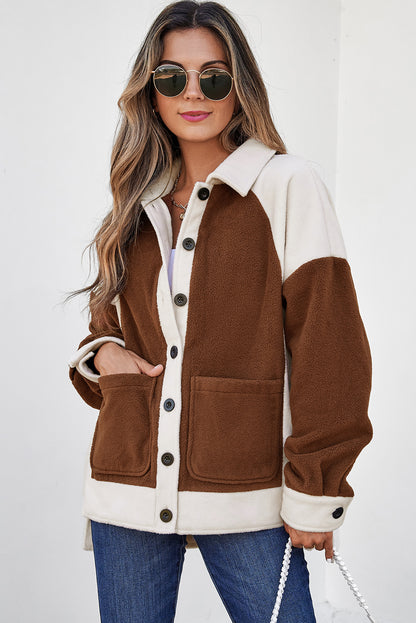 Brown Color Block Patchwork Button Down Fleece Shacket