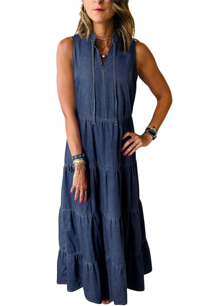 Real Teal Sleeveless Tiered Chambray Maxi Dress - L & M Kee, LLC