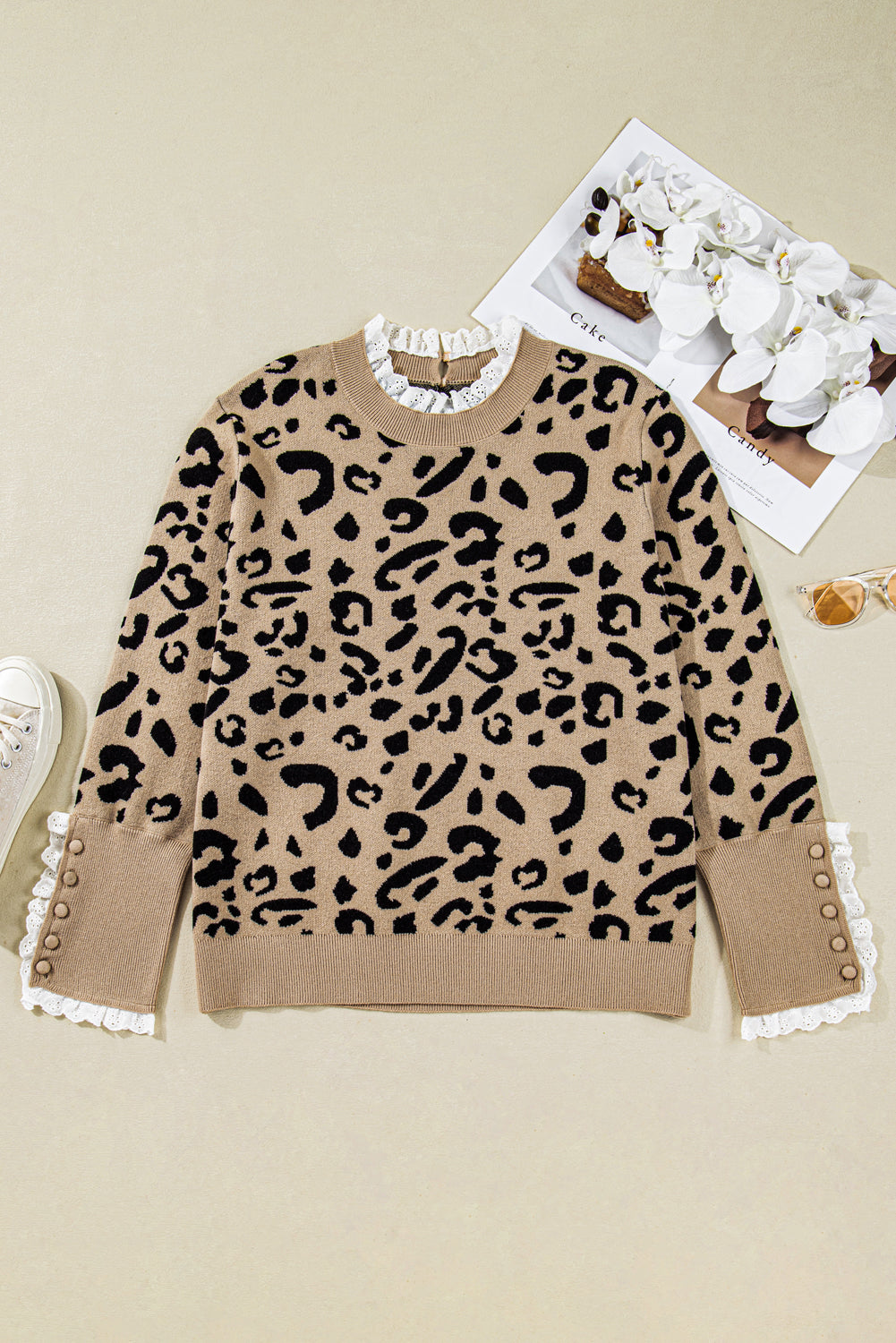 Brown Leopard Knitted Lacy Trim Cuffed Plus Size Sweater