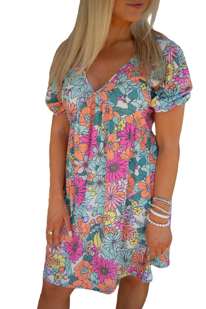 Multicolor Floral Print Tie Back Short Sleeve Dress - L & M Kee, LLC