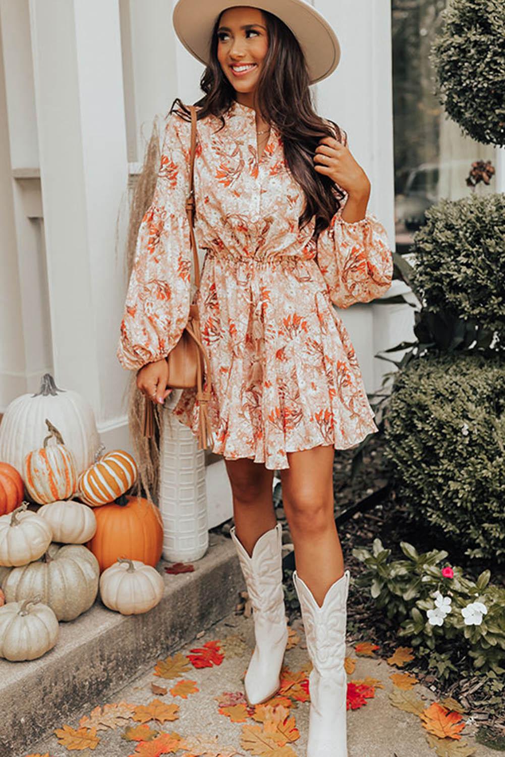 Orange Bubble Sleeve Cinched Waist Floral Dress - L & M Kee, LLC