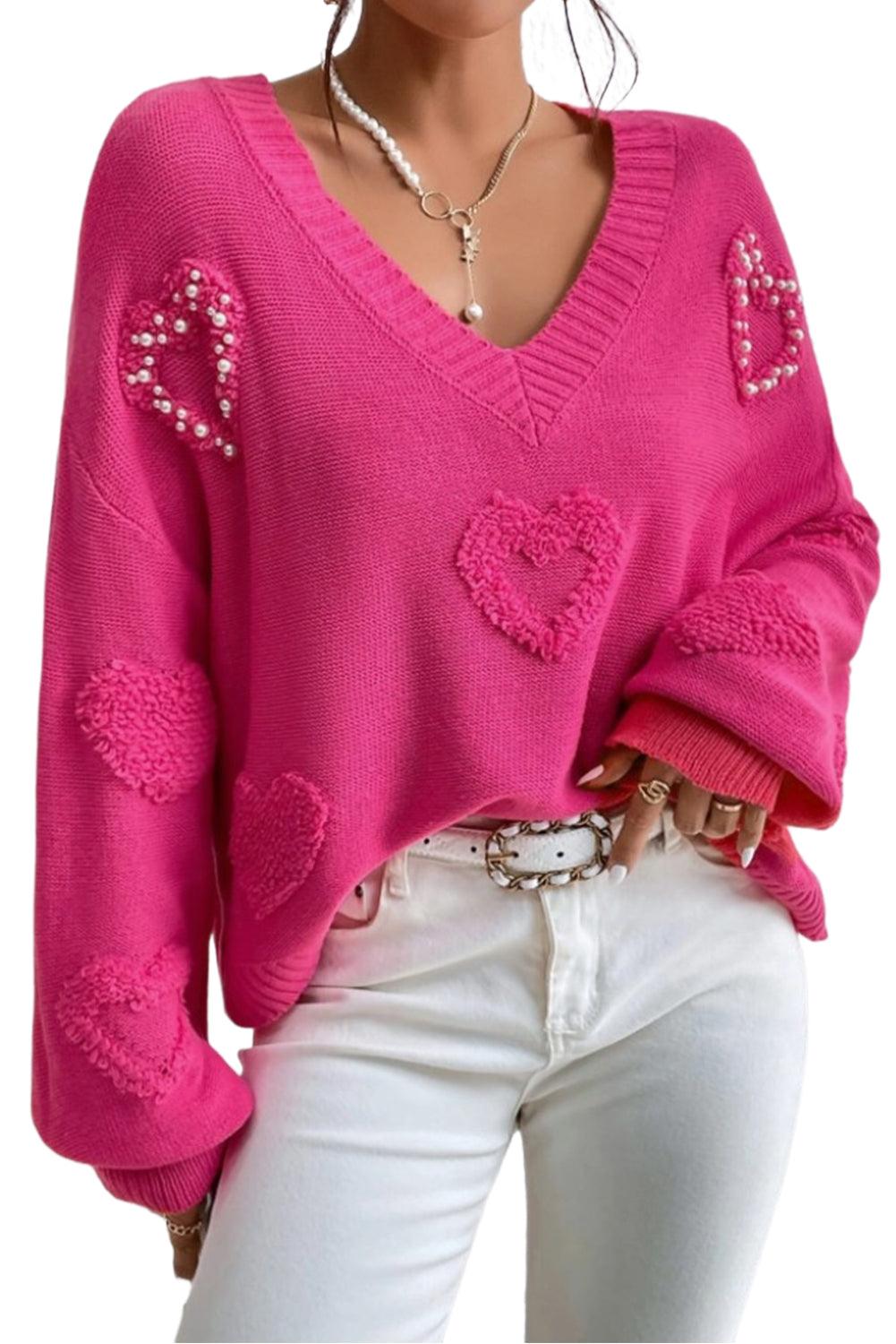 Rose Red Pearl Embellished Fuzzy Hearts V Neck Sweater - L & M Kee, LLC