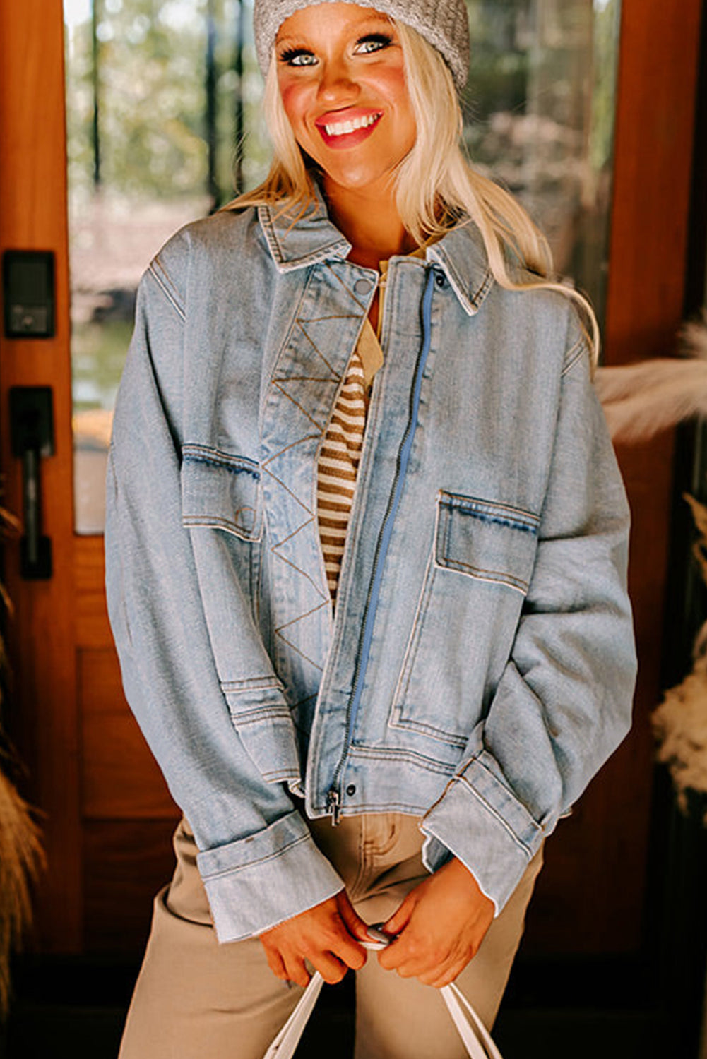 Beau Blue Street Style Zip Up Washed Denim Jacket