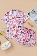 Pink Cute Ribbon Bows Printed Shirt Style 2pcs Short Pajama Set