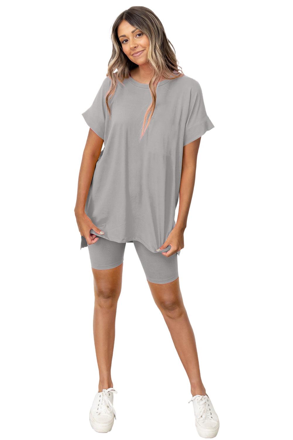 Gray Solid Split Hem Tunic Tee and Tight Shorts Set - L & M Kee, LLC