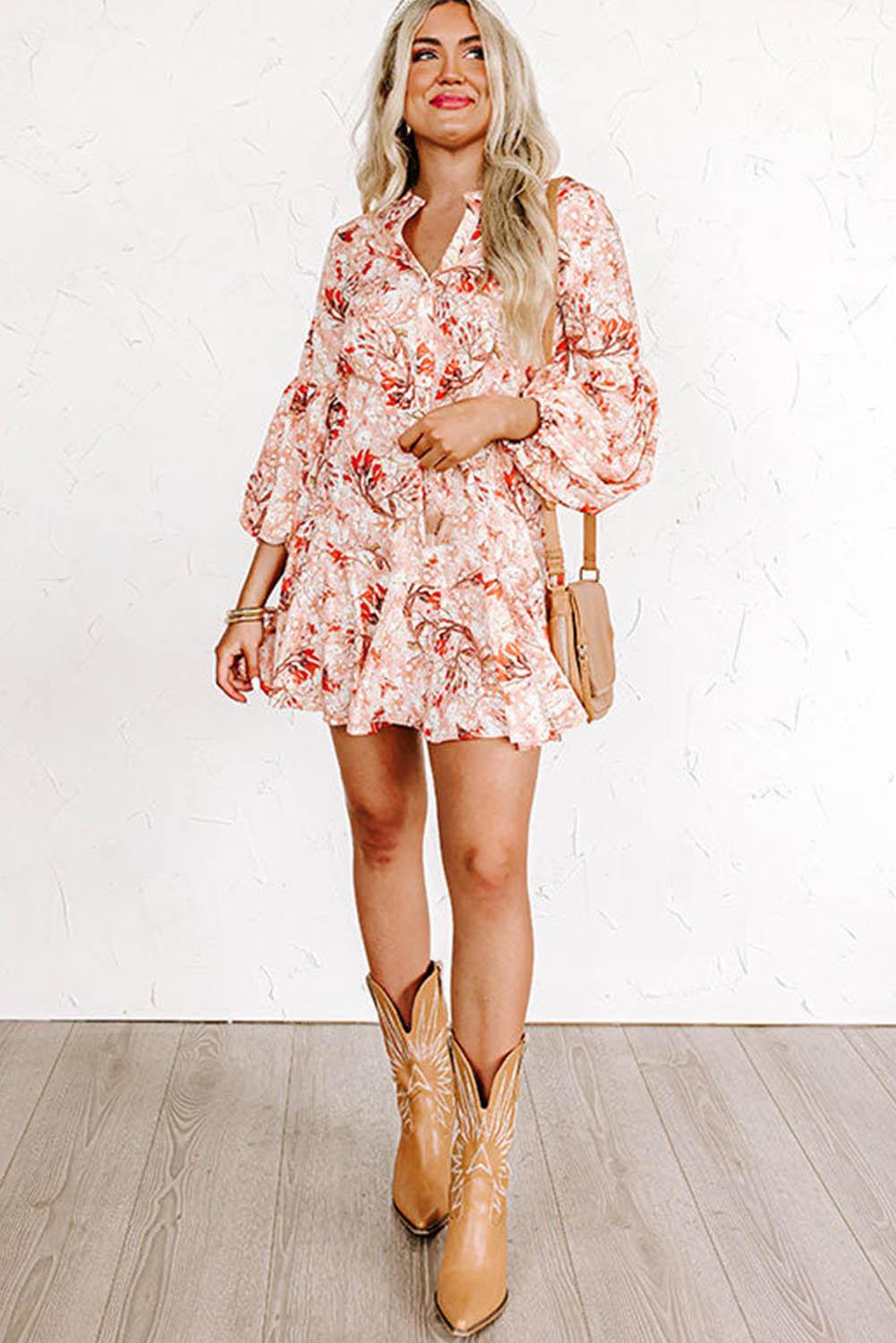 Orange Bubble Sleeve Cinched Waist Floral Dress - L & M Kee, LLC