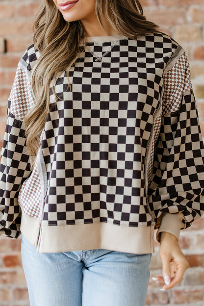 Khaki Mixed Checkered Pattern Patchwork High Low Casual Top