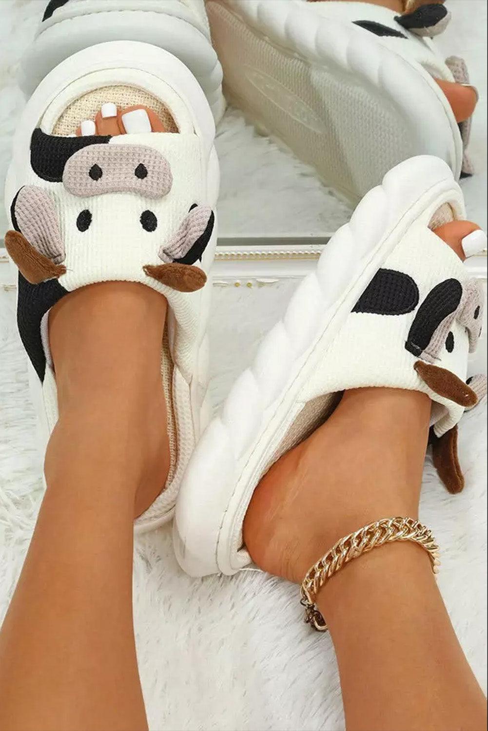 Bright White Cute Cow Pattern Open Toe Slippers - L & M Kee, LLC