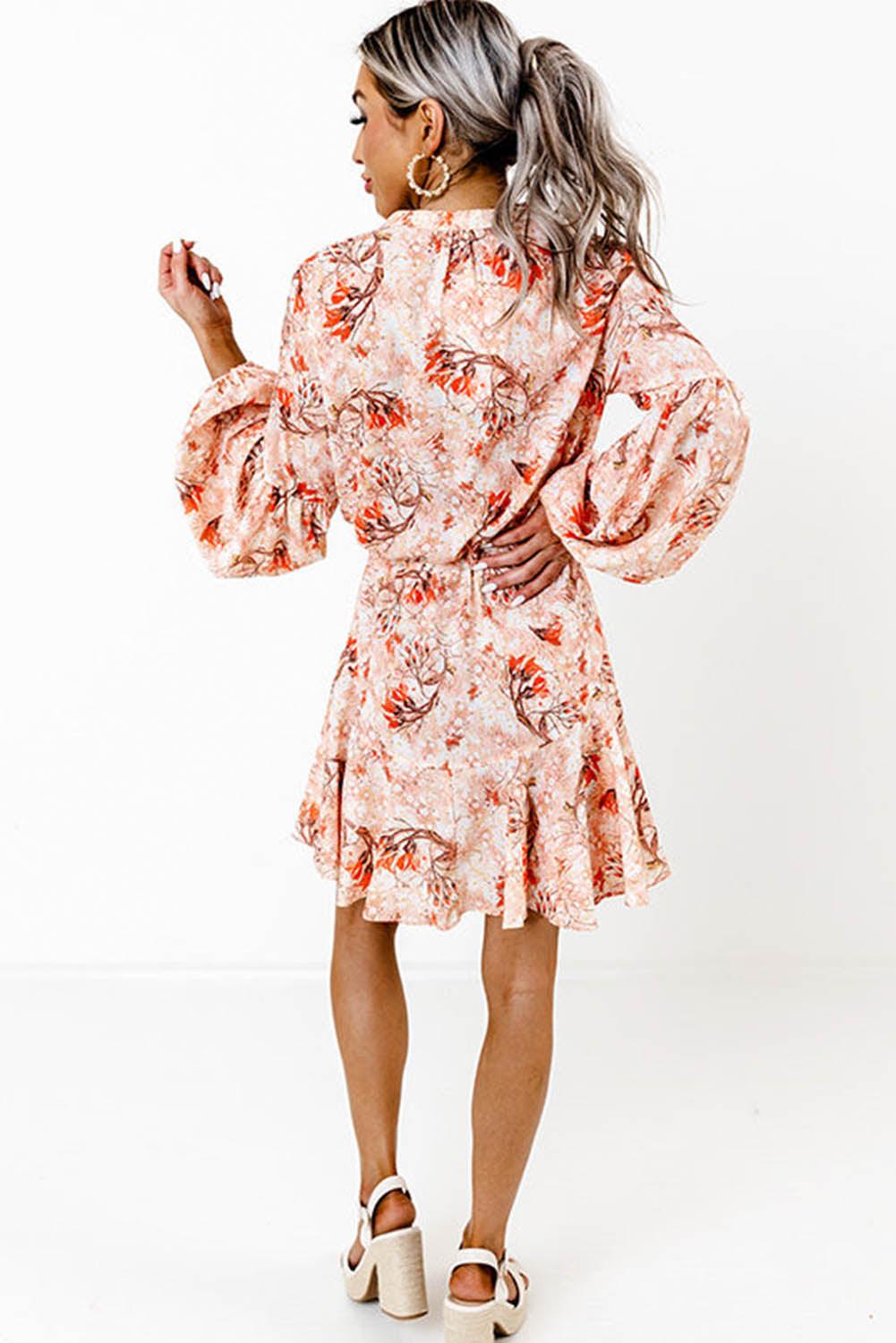 Orange Bubble Sleeve Cinched Waist Floral Dress - L & M Kee, LLC