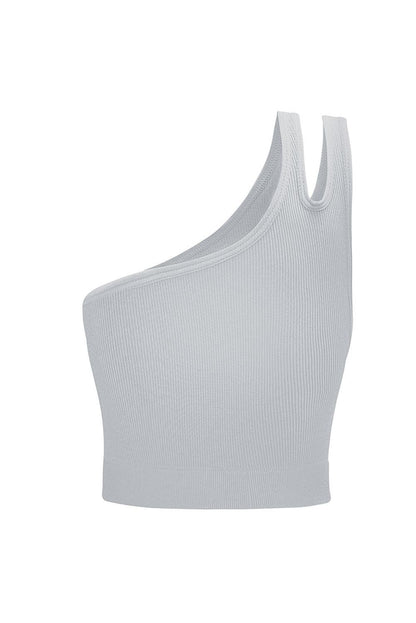 Single Split Shoulder Ribbed Cropped Sports Top - L & M Kee, LLC