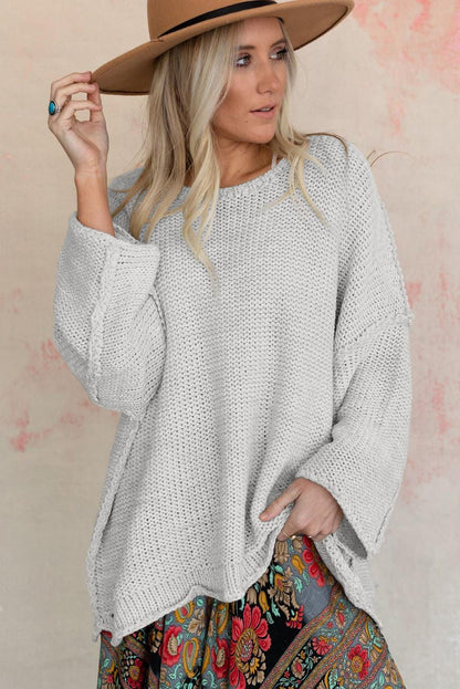 Beige Slouchy Textured Knit Loose Sweater - L & M Kee, LLC