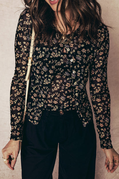 Black Floral Print Mesh Tank Button Front Slim Cardigan 2pcs Set