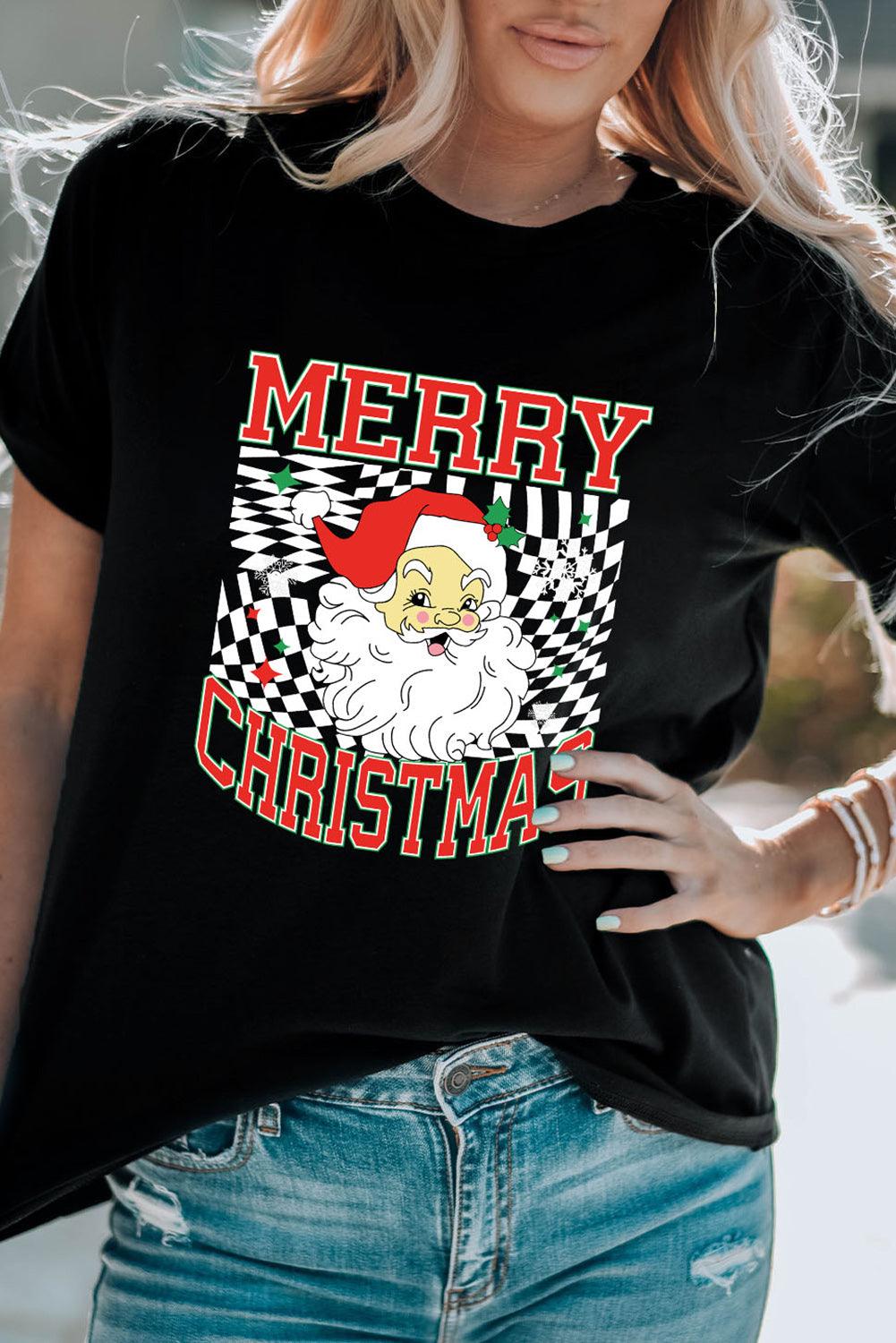 Black Santa Claus Plaid Print Christmas Crewneck Tee - L & M Kee, LLC
