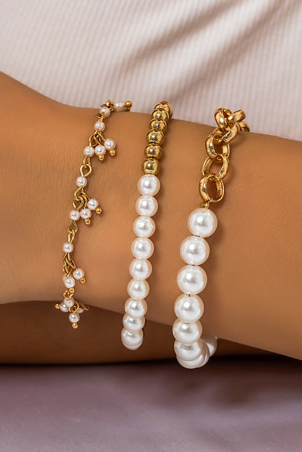 Gold 3pcs Pearl Plated Alloy Beaded Bracelet Set