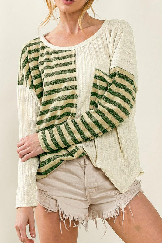 Khaki Striped Patch Textured Fabric Long Sleeve Top - L & M Kee, LLC