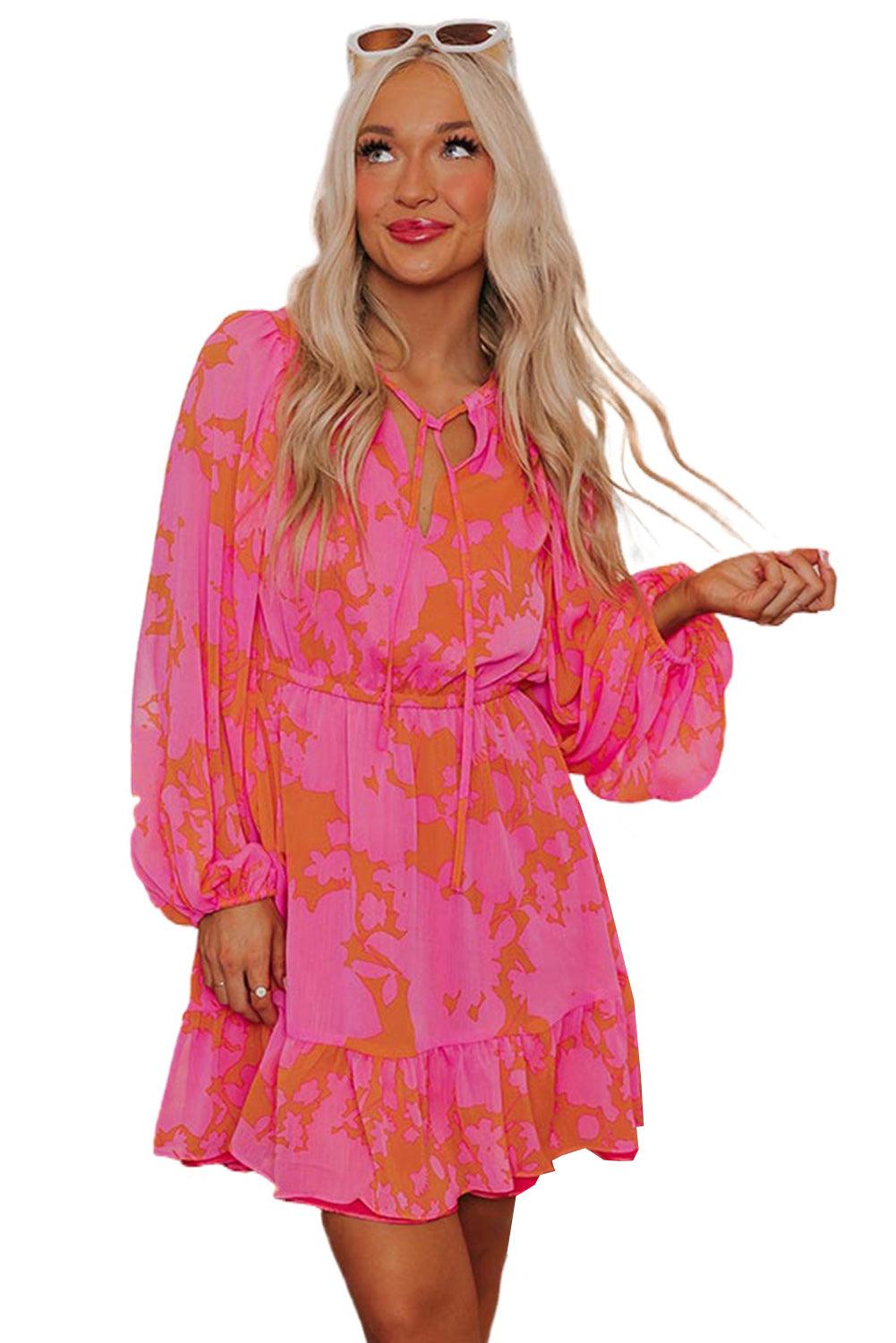 Rose Abstract Printed Puff Sleeve Ruffle Flowy Dress - L & M Kee, LLC