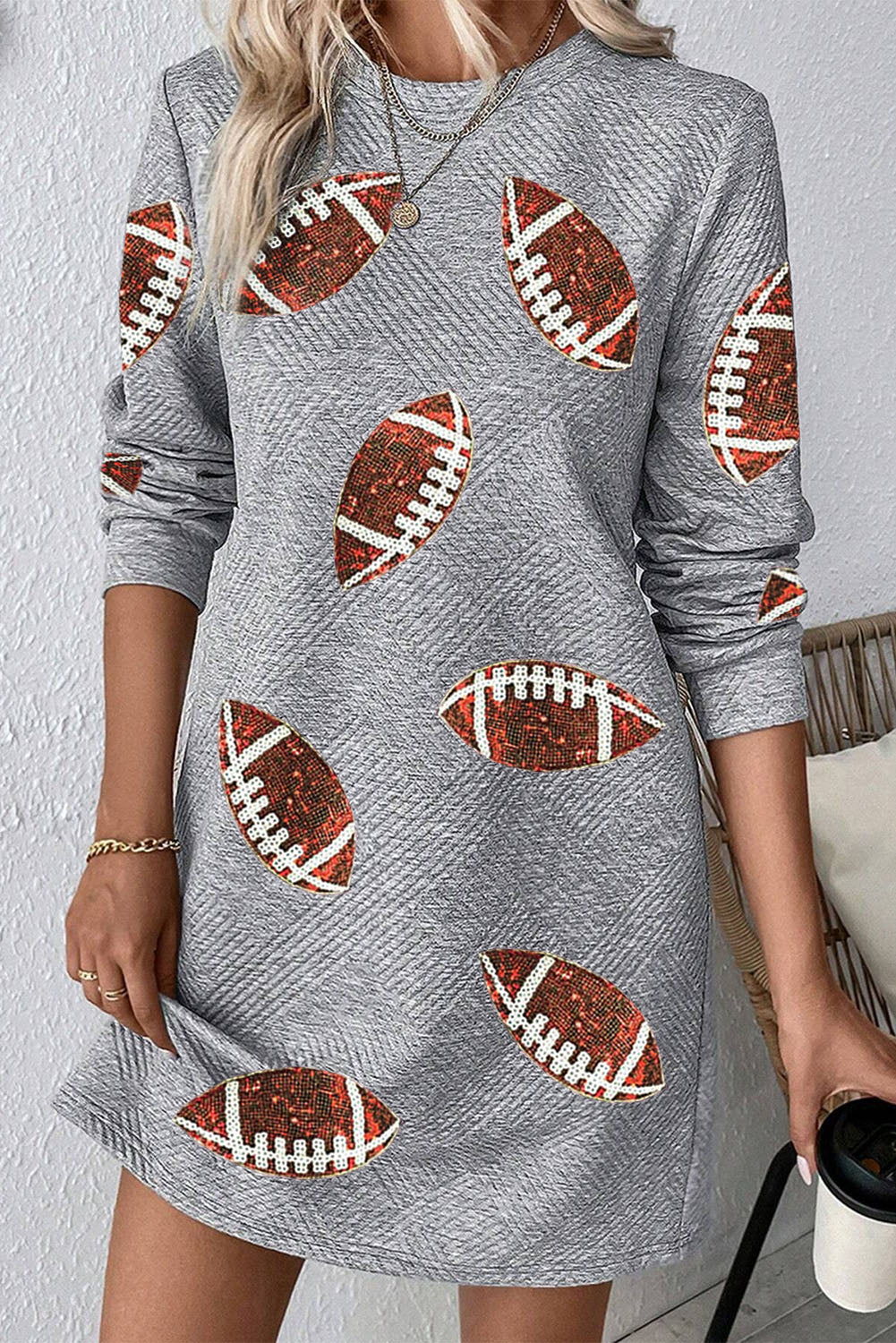 Gray Sequin Rugby Football Graphic Textured Long Sleeve Shift Mini Dress