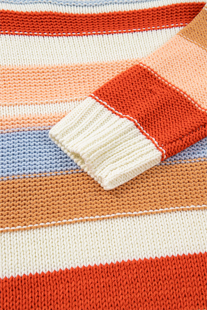 Pink Striped Colorblock Round Neck Drop Shoulder Sweater