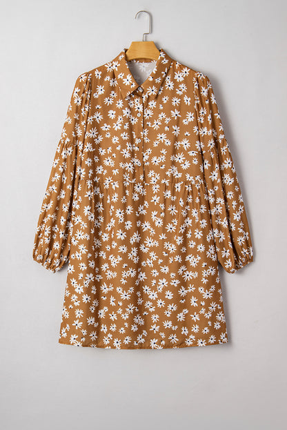 Khaki Plus Size Daisy Floral Print Button Split Neck Puff Sleeve Dress