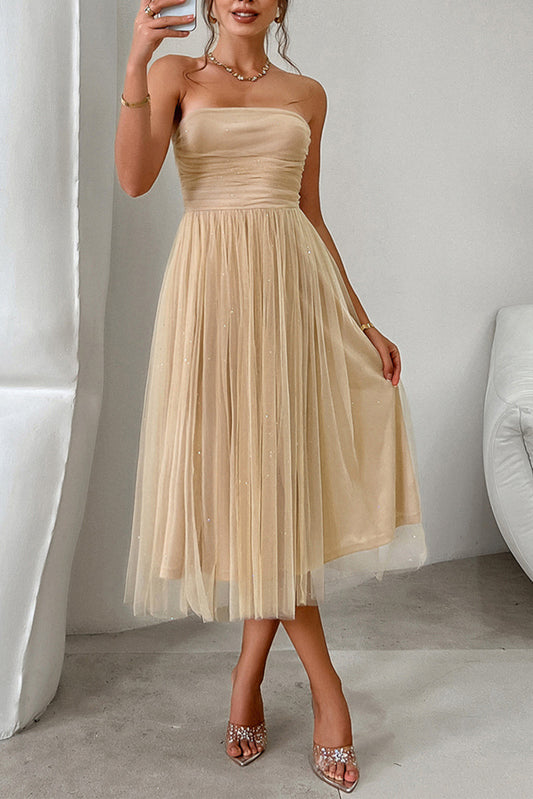 Apricot Starry Strapless Mesh Tulle High Waist Evening Dress