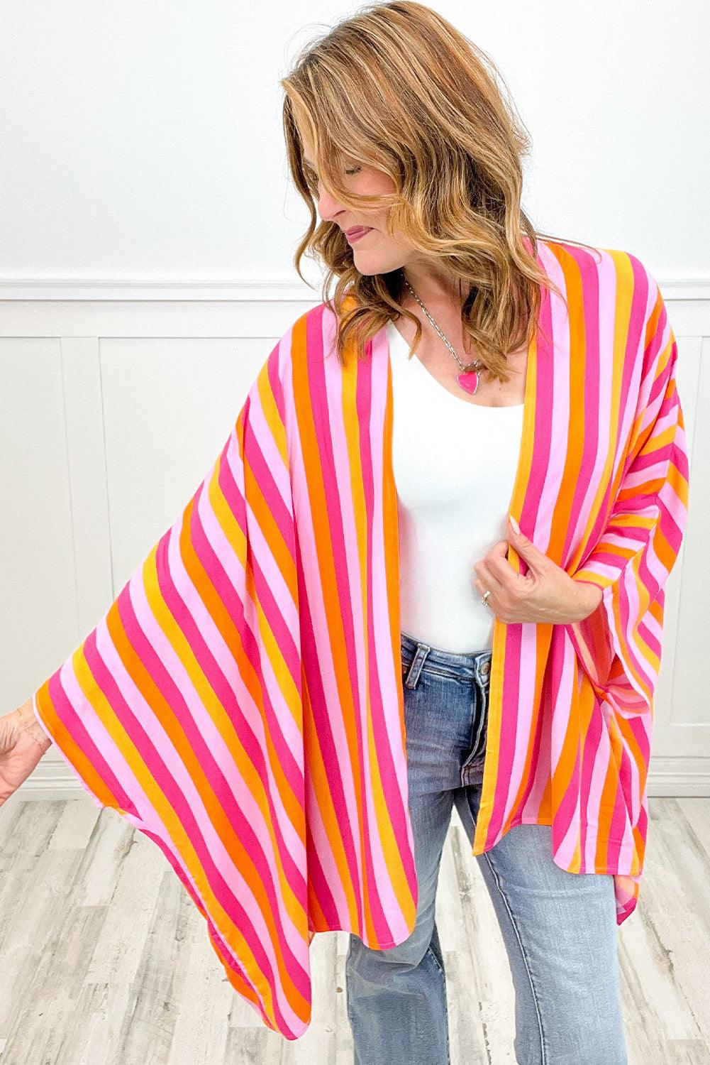 Rose Stripe Wide Sleeve Open Front Kimono - L & M Kee, LLC