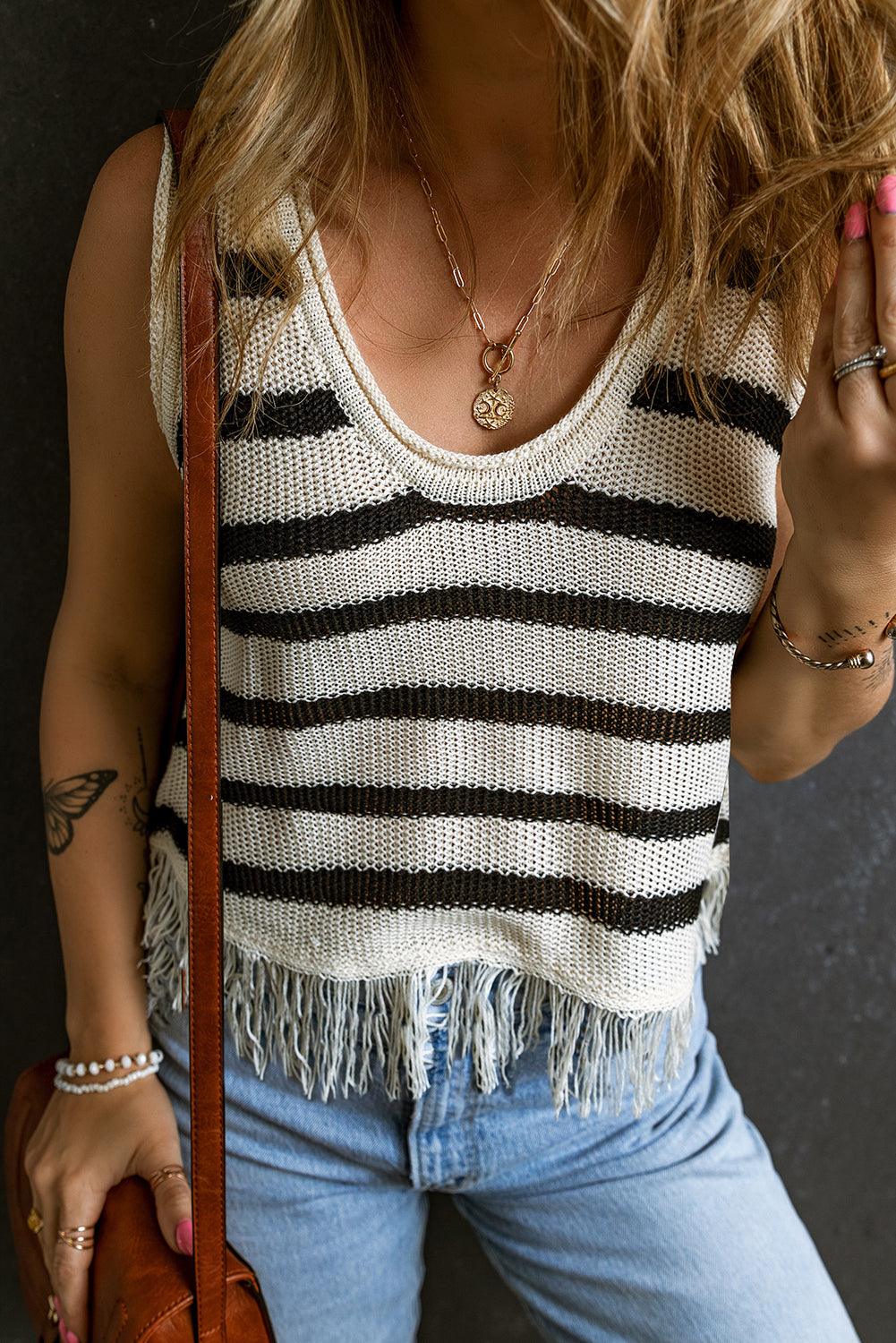 Beige Stripe Loose Knit Fringe Tank Top - L & M Kee, LLC