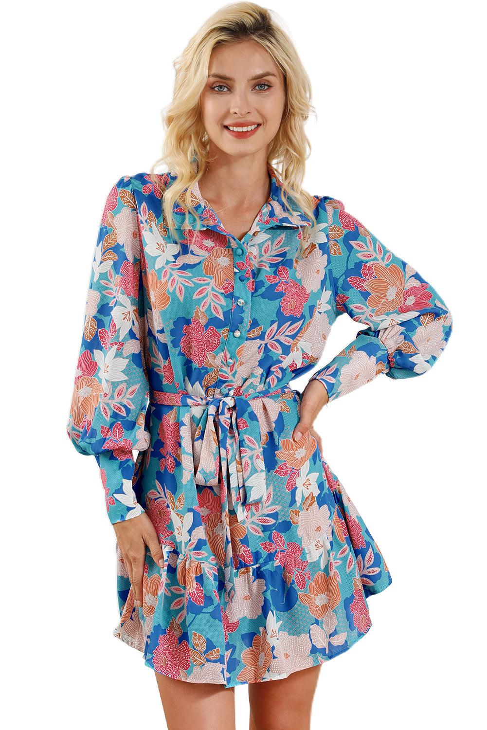 Blue Floral Print Lantern Sleeve Belted Shirt Dress - L & M Kee, LLC