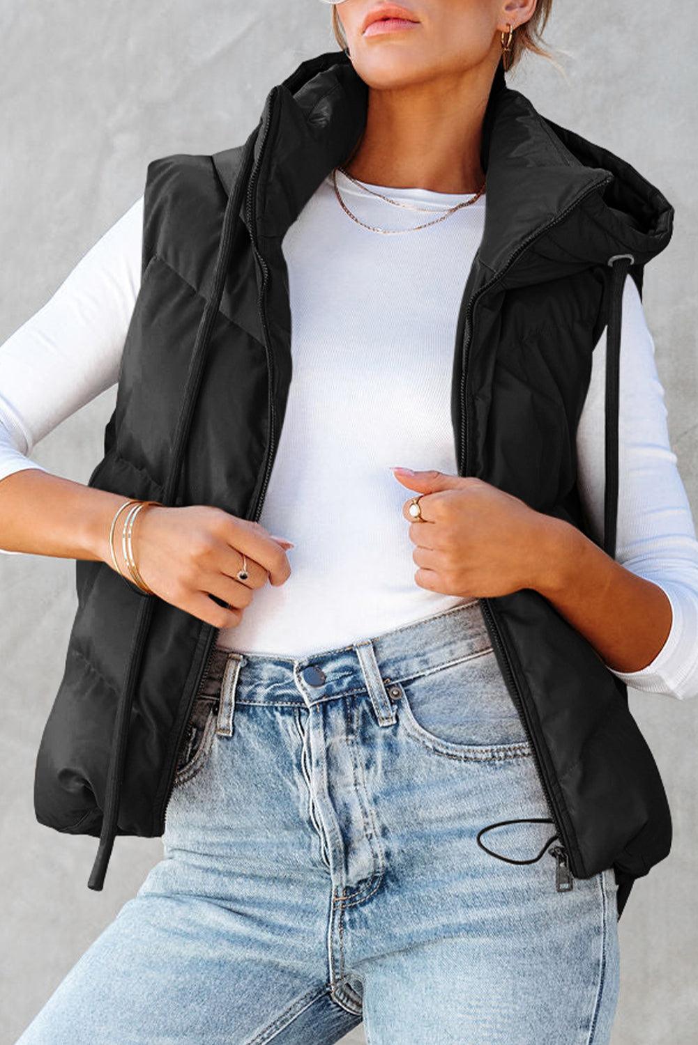 Black Sleek Quilted Puffer Hooded Vest Coat - L & M Kee, LLC