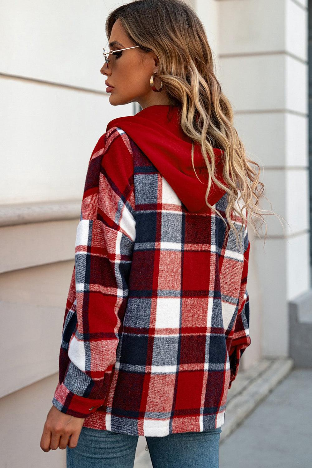 Red Hooded Plaid Button Front Shacket - L & M Kee, LLC