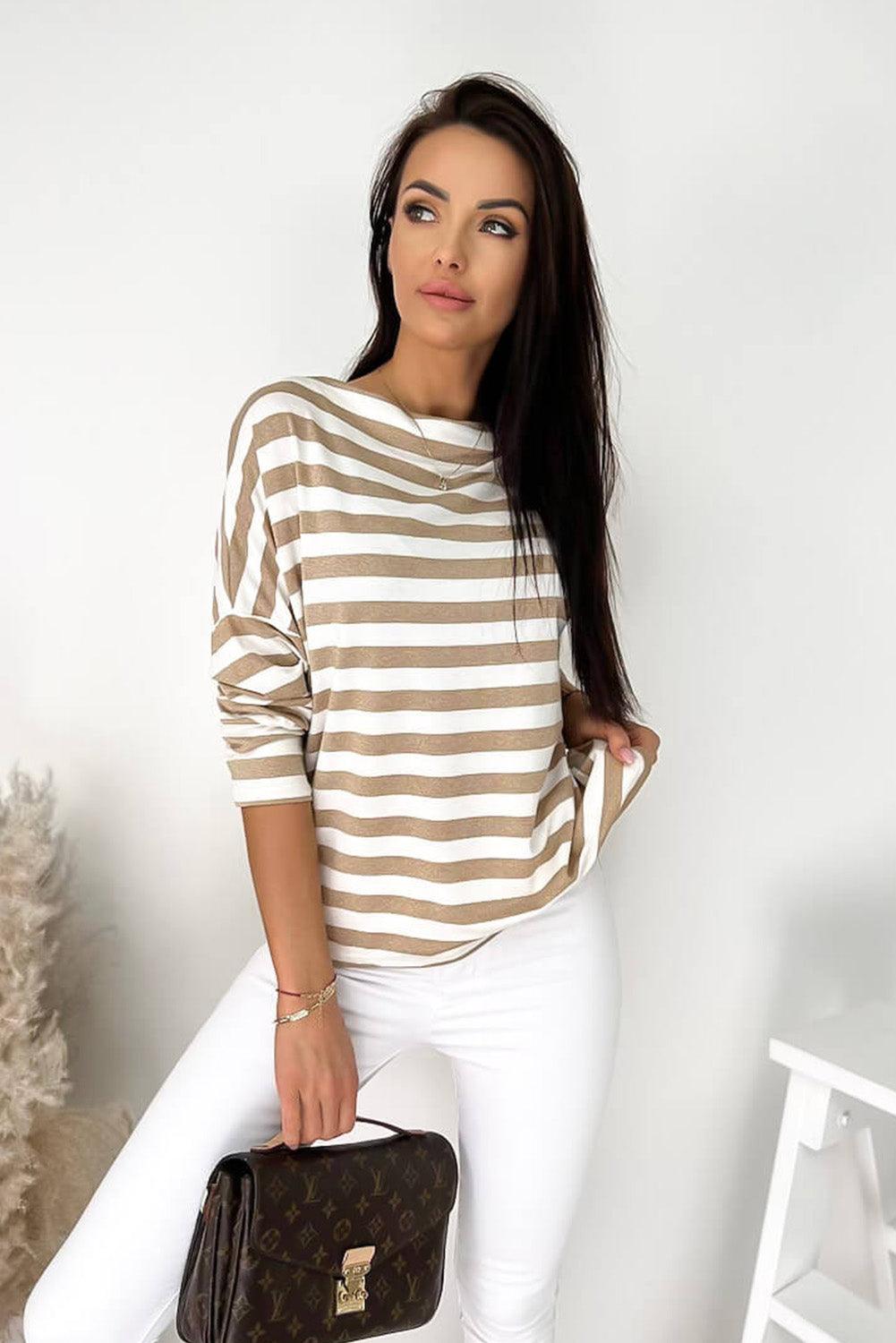 Khaki Striped Boat Neck Long Sleeve Top - L & M Kee, LLC