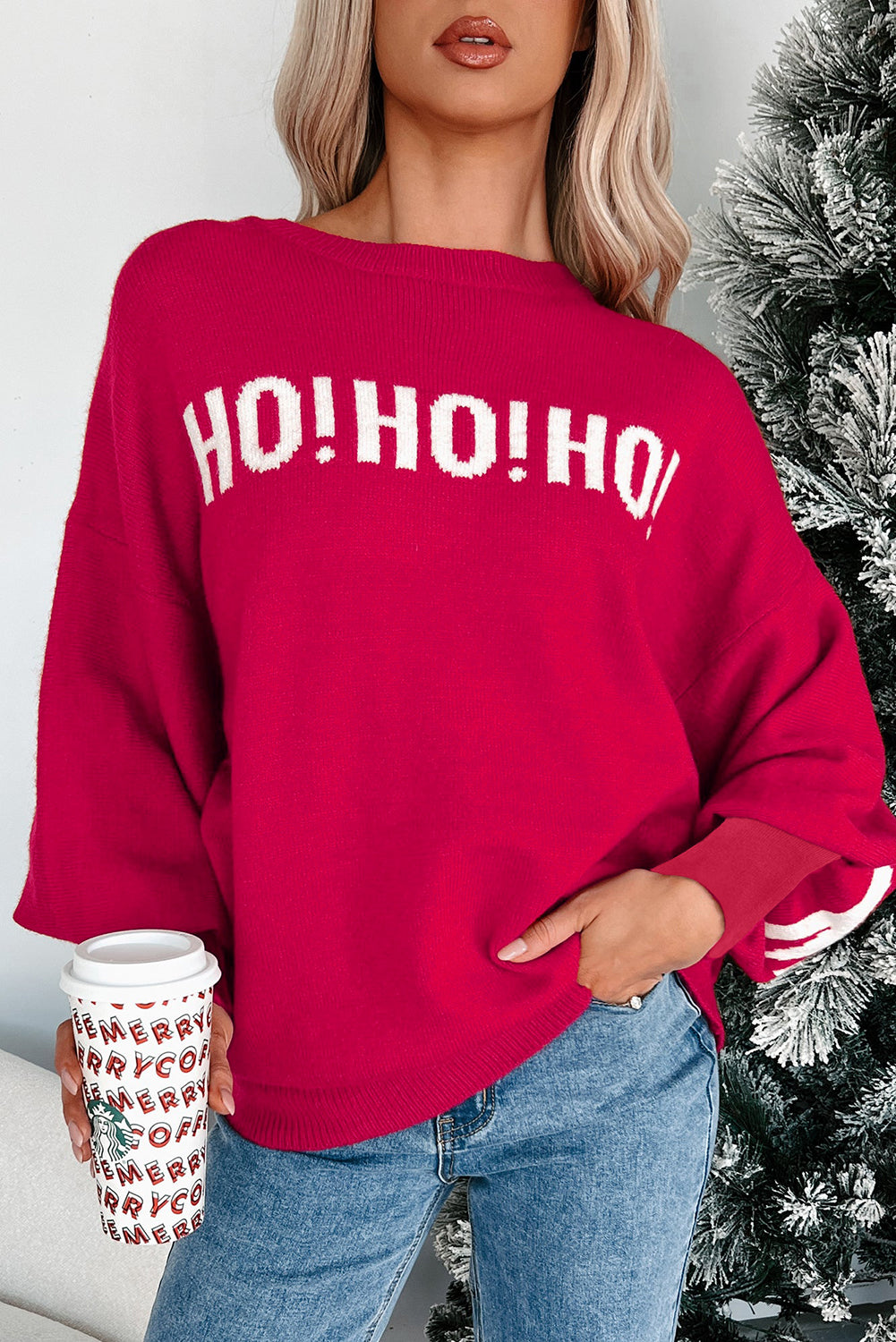 Fiery Red HO HO HO MERRY CHRISTMAS Drop Shoulder Loose Sweater