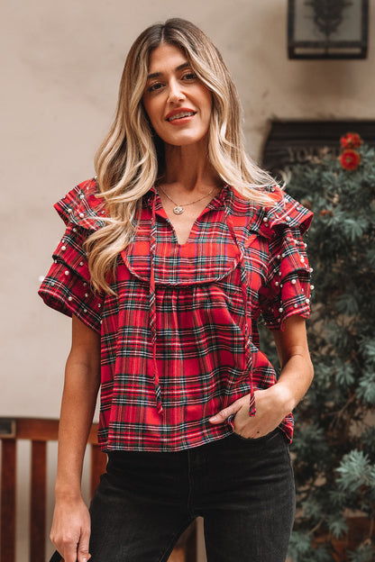 Red Festive Plaid Pearl Embellished Ruffle Short Sleeve Blouse