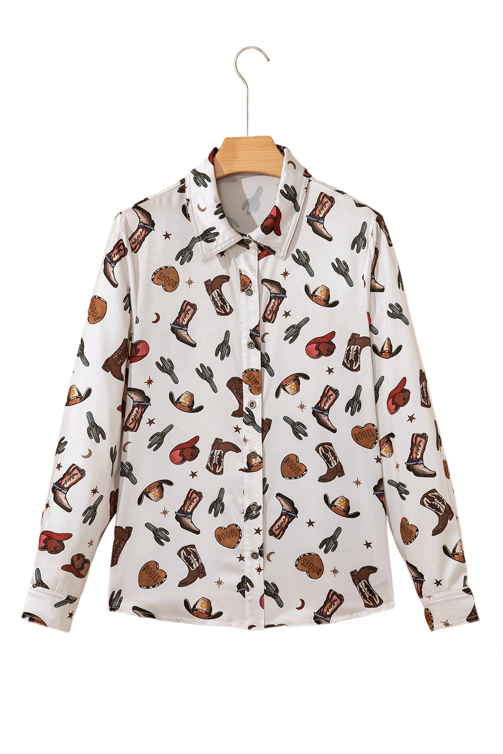 White Western Fashion Print Button Up Casual Shirt