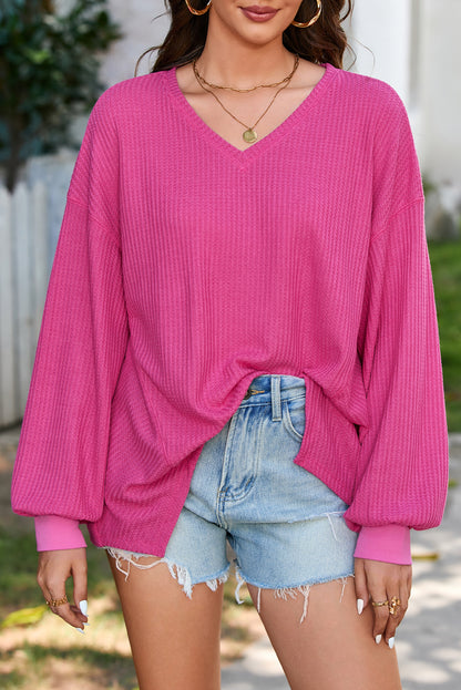 Bright Pink Waffle V Neck Long Sleeve Drop Shoulder Loose Blouse