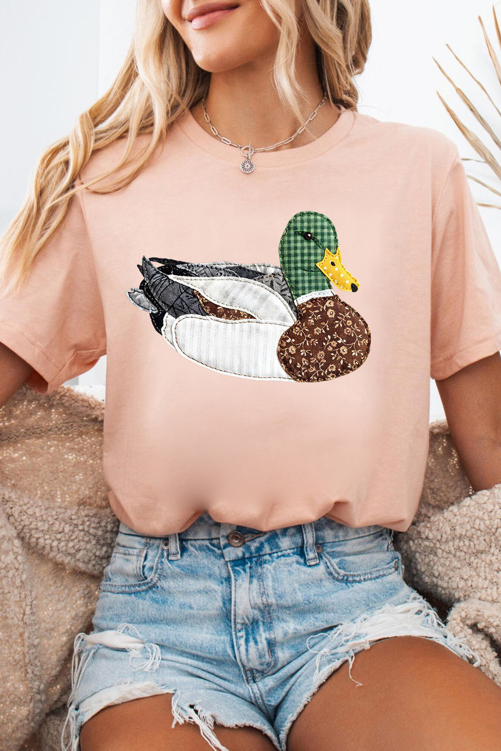 Pink Faux Quilted Mallard Casual Round Neck Tee
