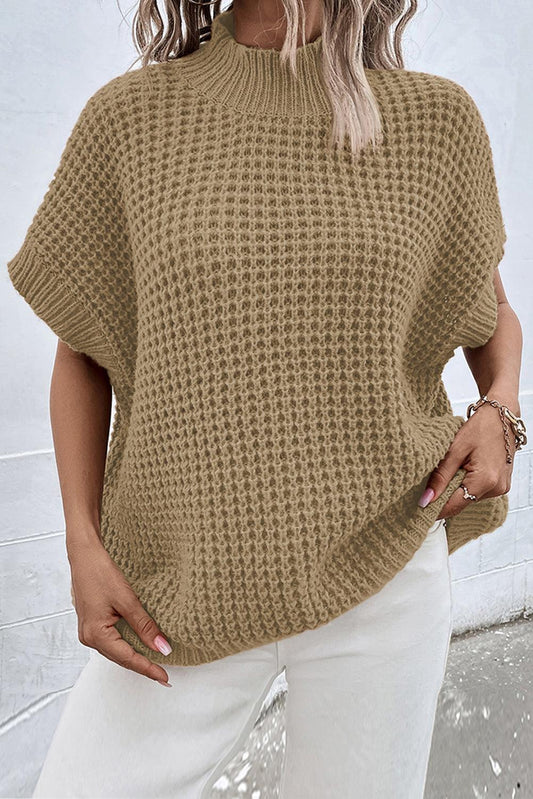 Light French Beige High Neck Short Batwing Sleeve Textured Knit Sweater - L & M Kee, LLC