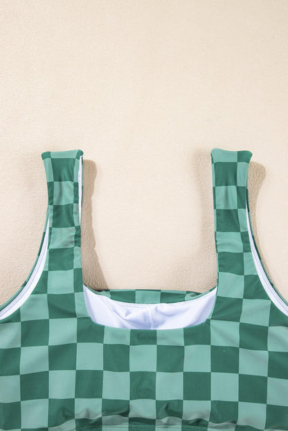 Green Checkered Print Square Neck Cropped Swim Top - L & M Kee, LLC