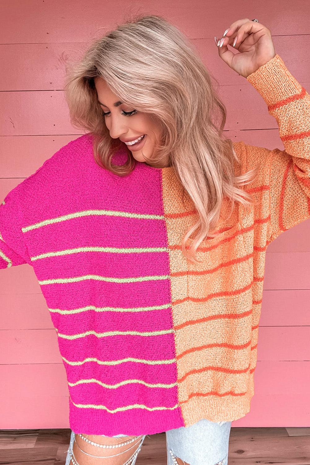 Multicolour Striped Color Block Loose Fit Knit Sweater - L & M Kee, LLC