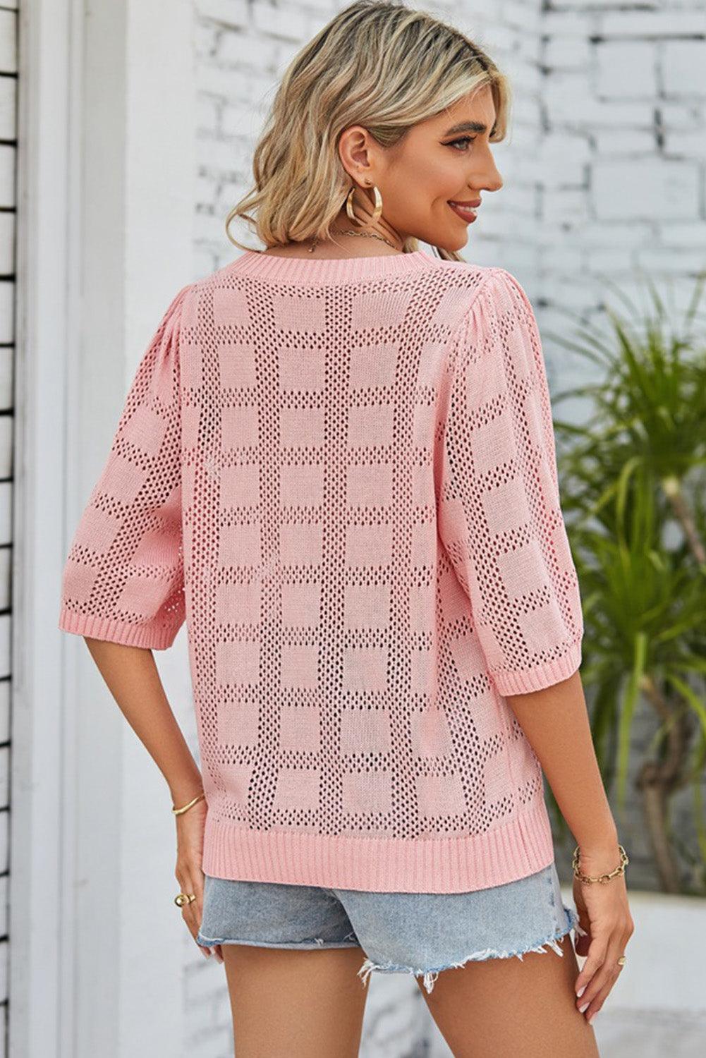 Light Pink Eyelet Checker Knit Half Sleeve Top - L & M Kee, LLC