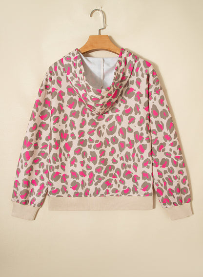 Rose Leopard Print Zip-up Hooded Sweatshirt
