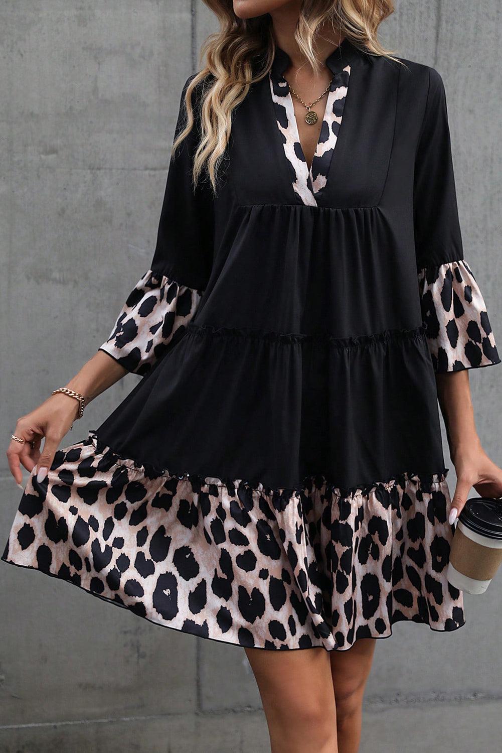 Black Leopard Trim V Neck Ruffled Sleeve Flared Dress - L & M Kee, LLC