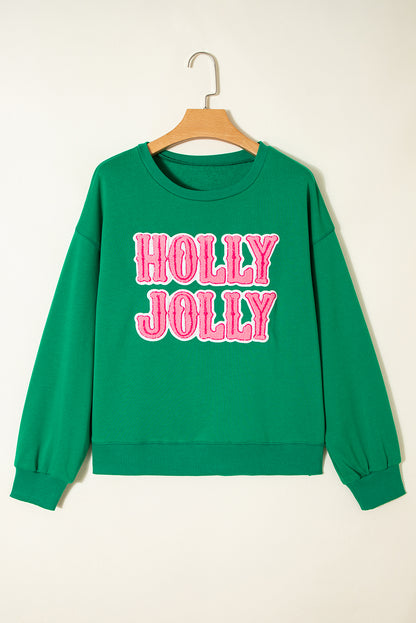 Sea Green HOLLY JOLLY Towel Embroidered Christmas Holiday Sweatshirt