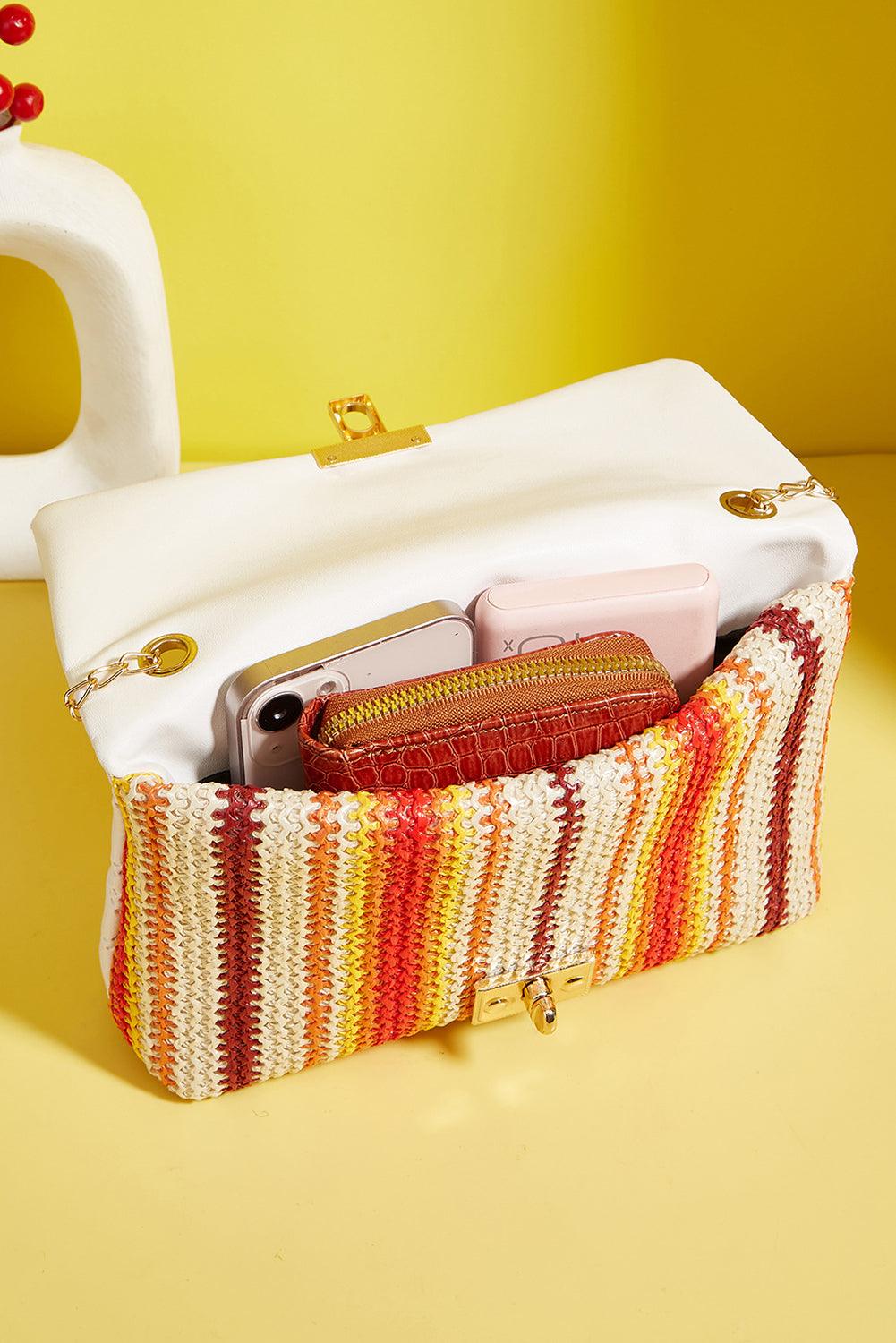 White Quilted Flap Printed Knit Chain Single Shoulder Bag