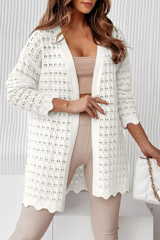 White Wavy Trim Open Knit Long Sleeve Cardigan - L & M Kee, LLC