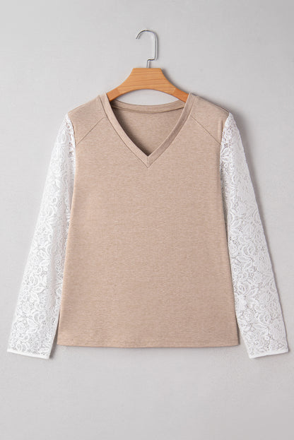 Oatmeal V Neck Contrast Lace Patchwork Long Sleeve Top