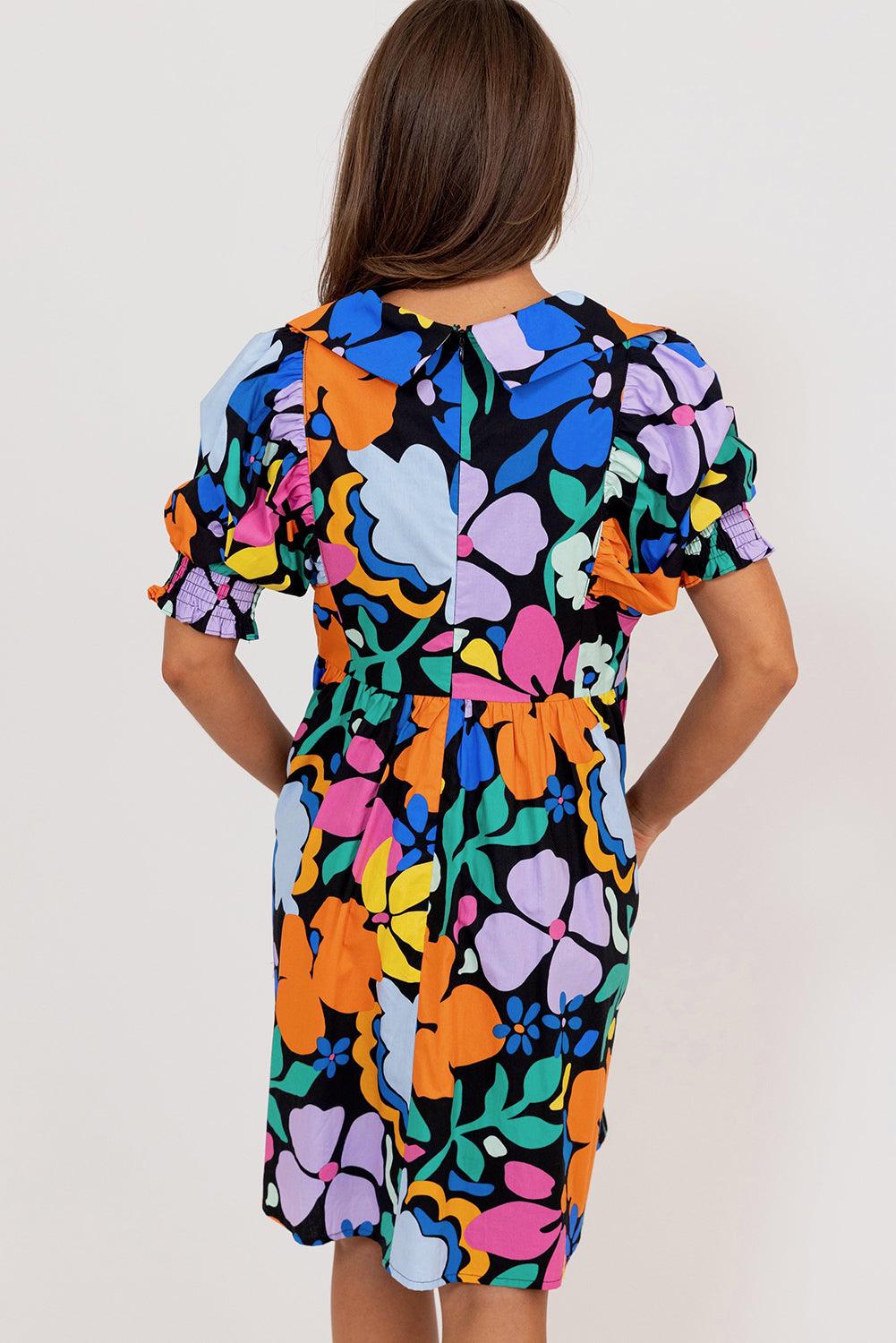 Blue Collared Split Neck Floral Flared Dress - L & M Kee, LLC