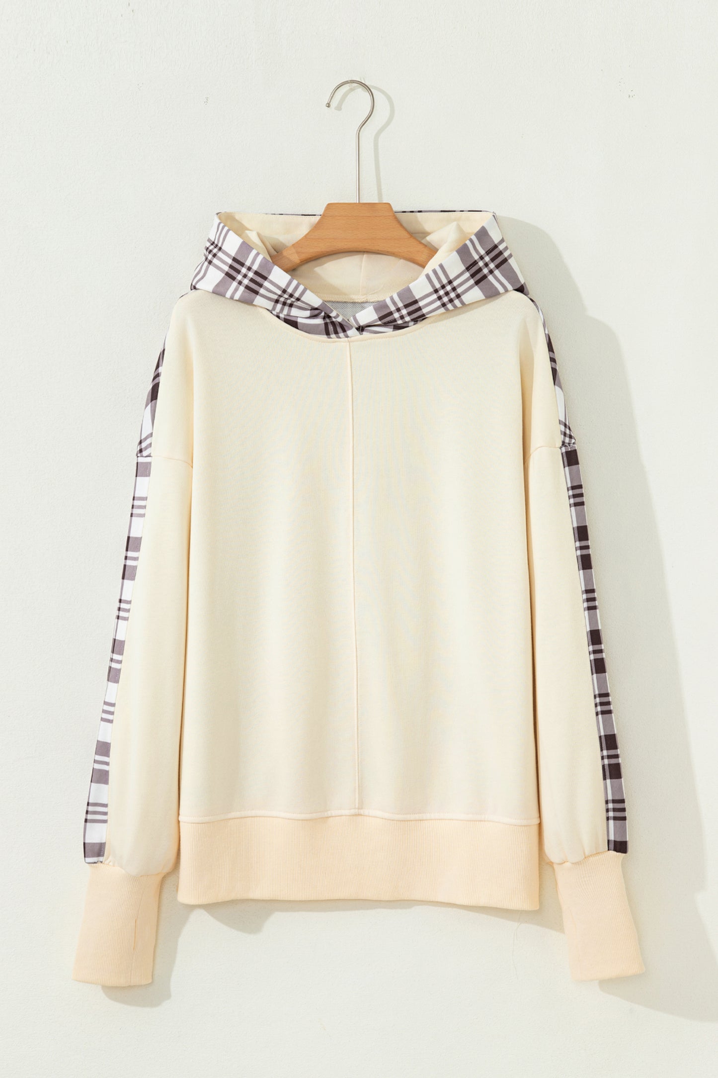 Beige Plaid Patchwork Side Slit Sweatshirt
